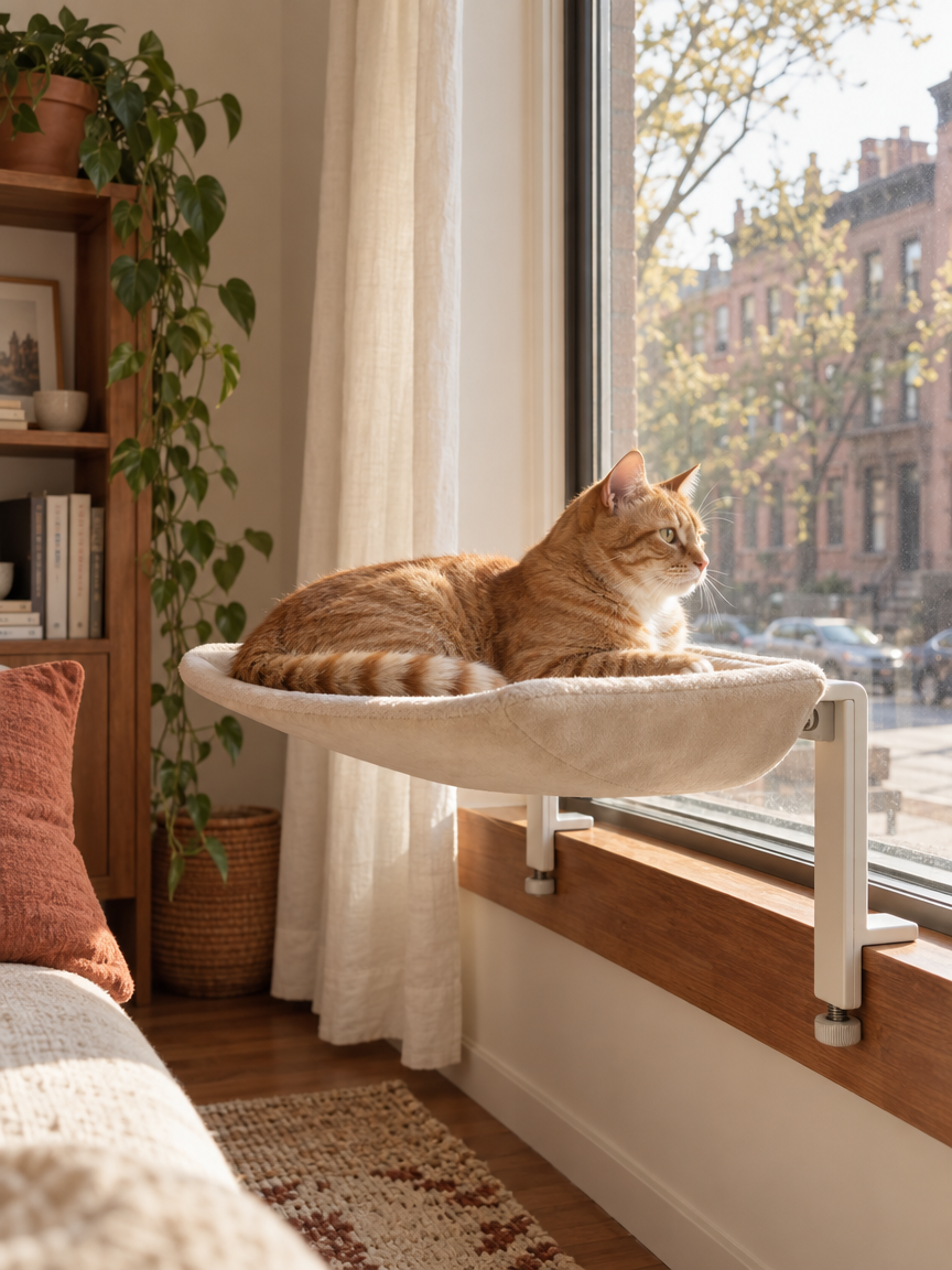 An orange tabby on a cream window perch, watching the street