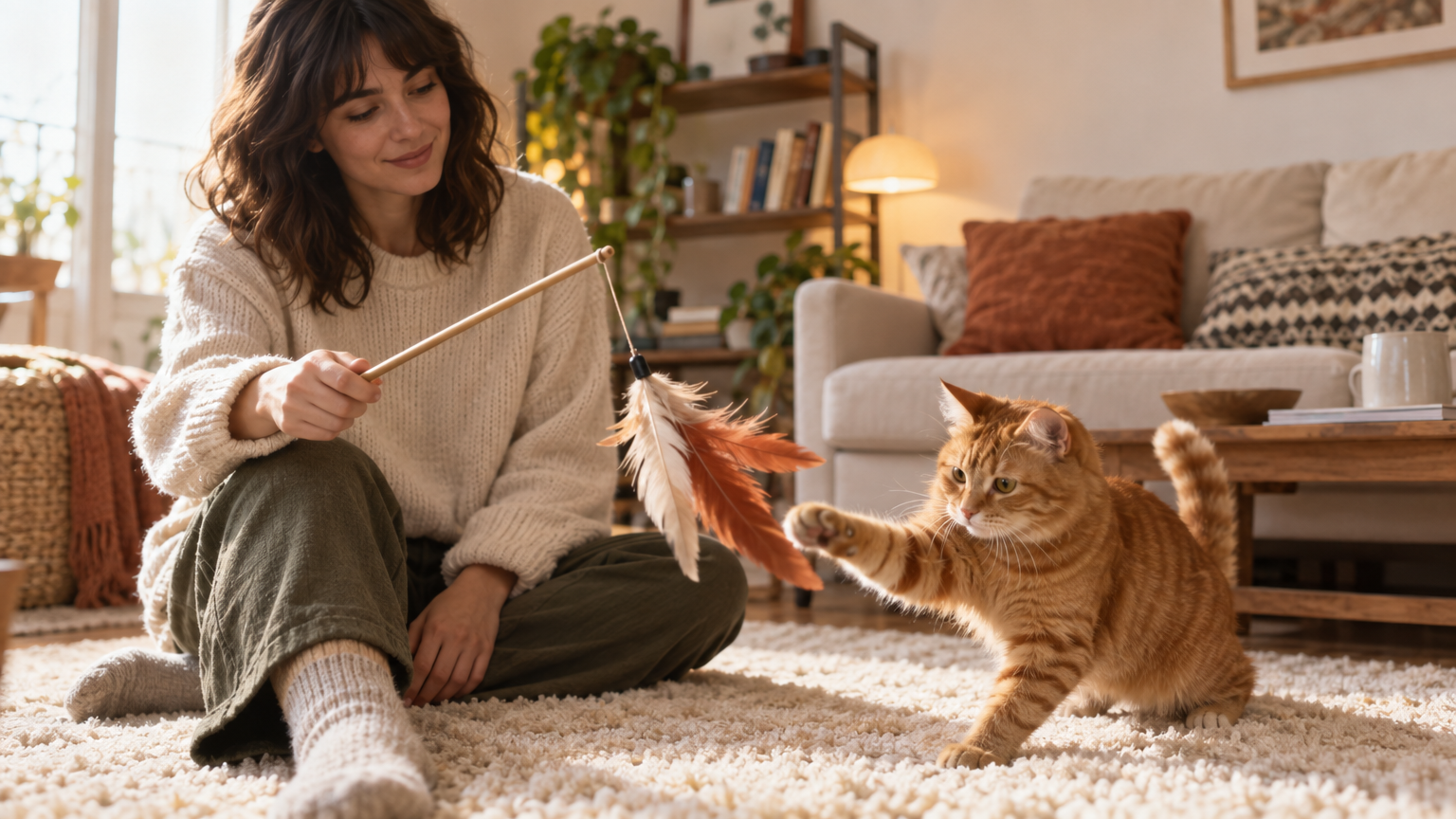 A person on the rug flicking a feather wand while an orange tabby hunts it