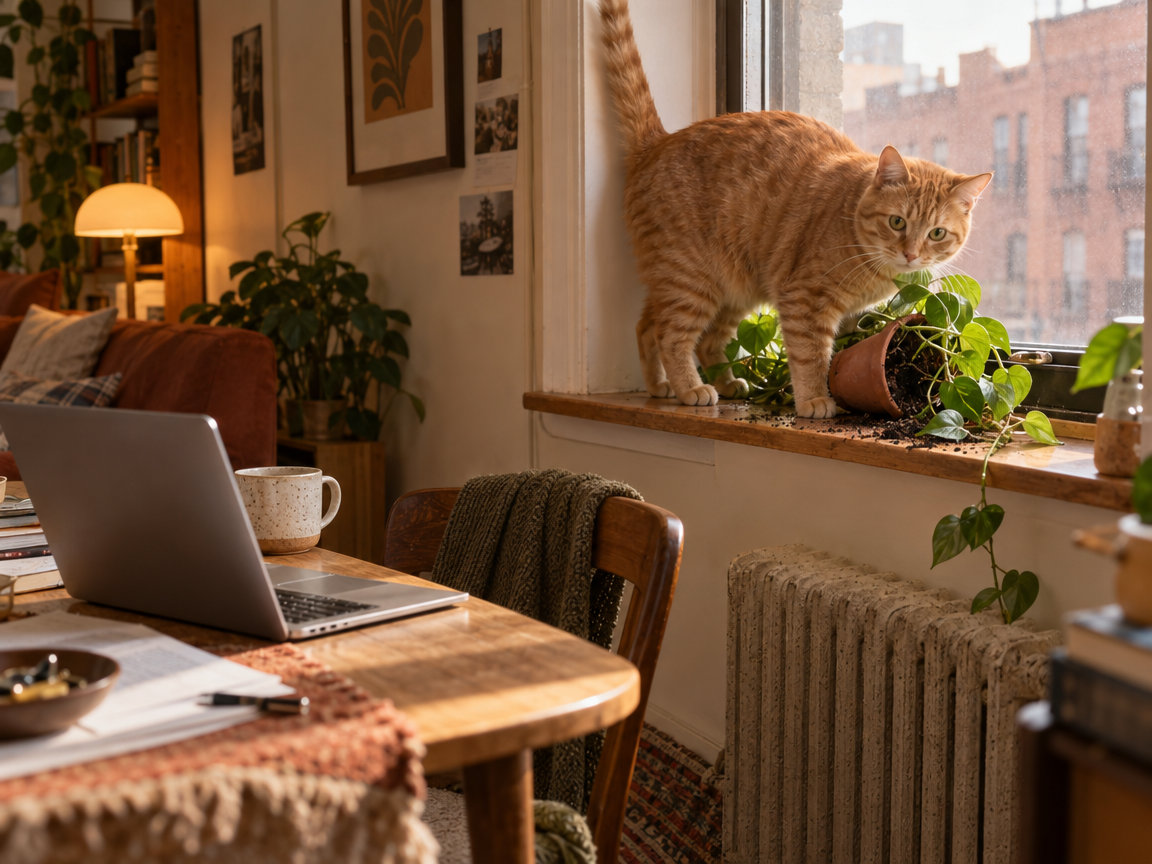 An orange tabby on a crowded windowsill next to a knocked-over plant, while someone tries to work