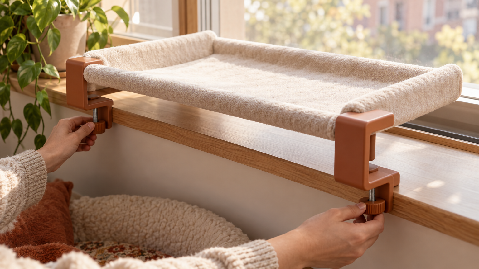 Hands clamping a cream window perch onto a wooden sill